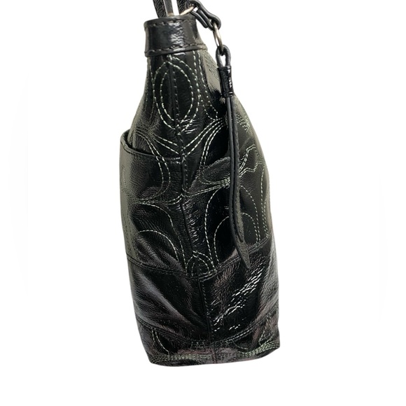 Coach Signature Stitch Patent Leather Tote Shoulder Bag Black White - Picture 8 of 14